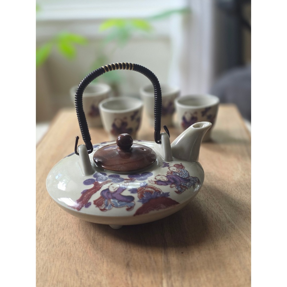 Vintage Japanese Ceramic Tea Set Karako Children Pine Tree Teapot and 4 Cups